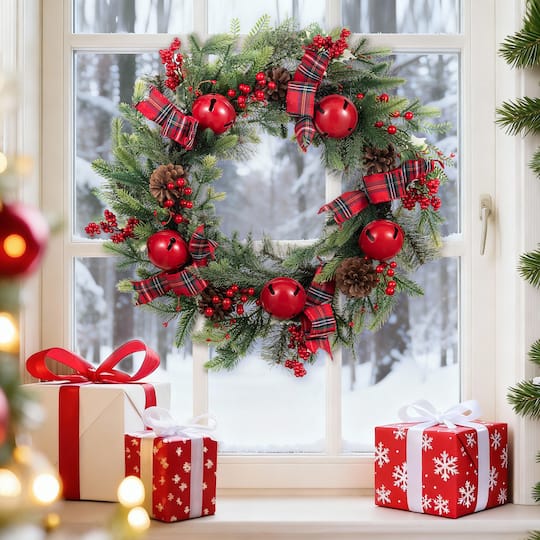Glitzhome® 26" Christmas Bell Pinecone & Berry Bow Wreath